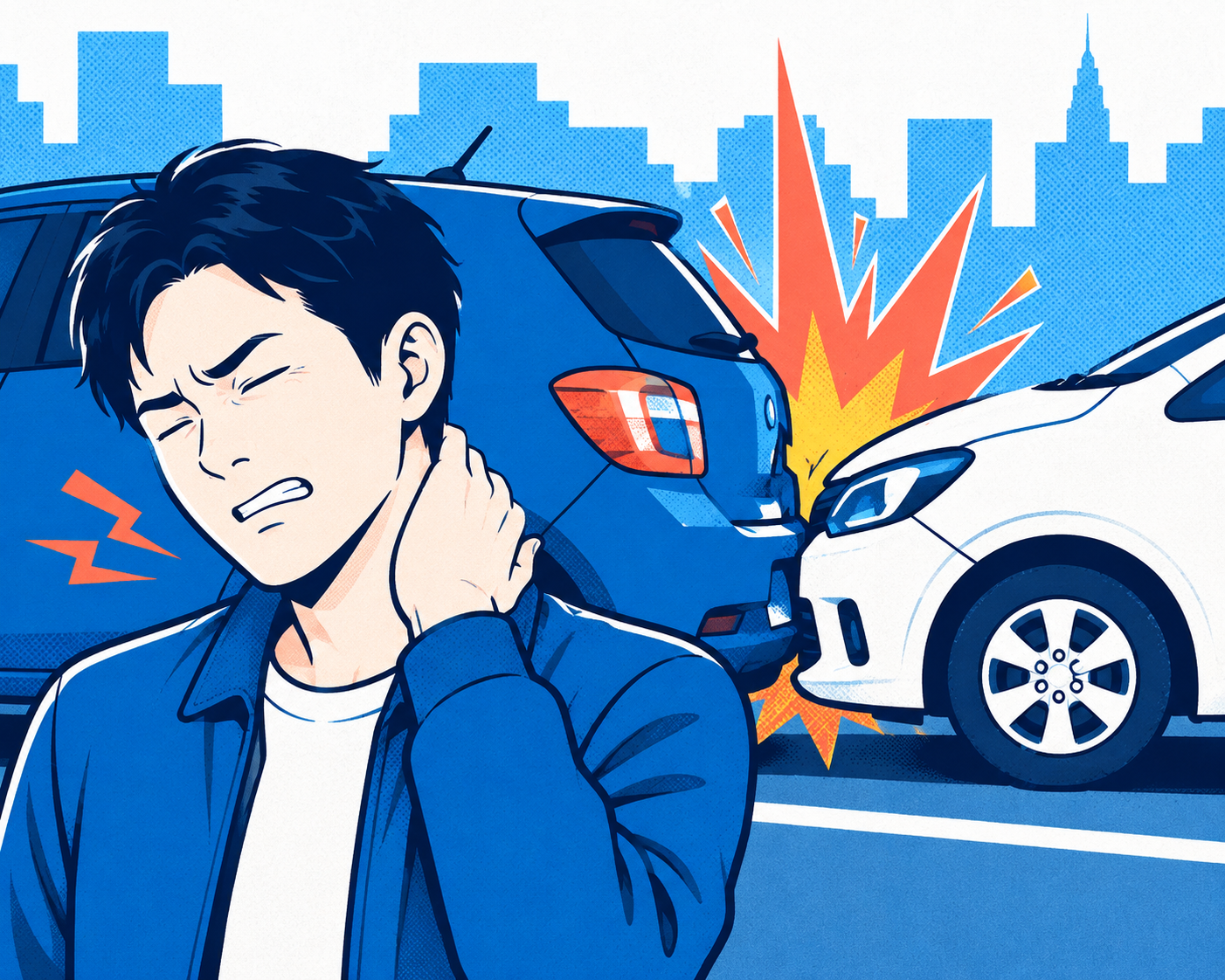 追突事故と事故後のむち打ちを分かりやすく示したイラスト